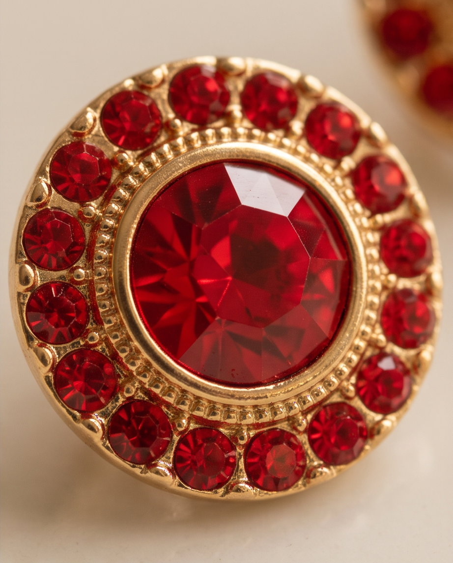Close-up macro detail of gold ruby crystal halo stud earring showing faceted centrepiece and milgrain setting