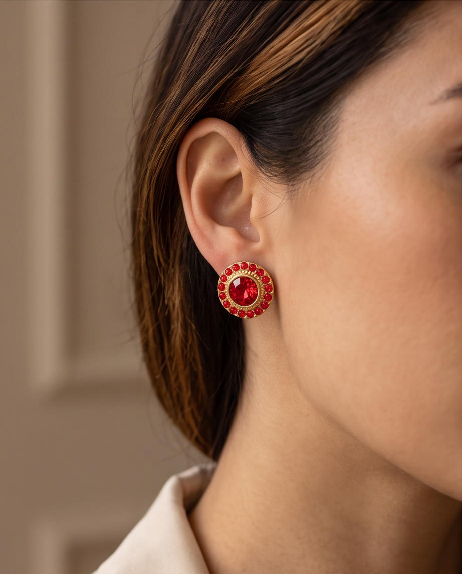 Model wearing gold ruby crystal halo stud earring with dark hair and beige blazer
