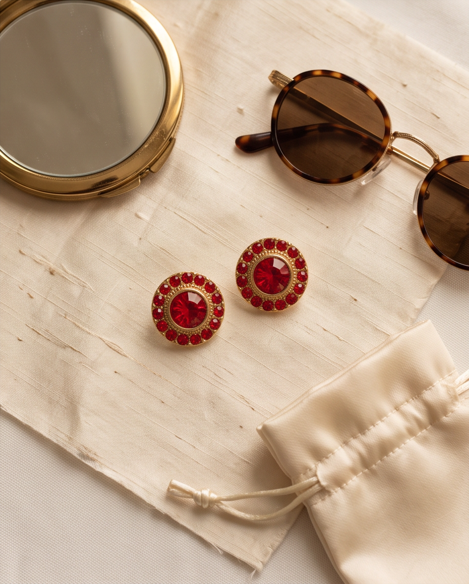 Pair of gold ruby crystal halo stud earrings on cream silk pouch with gold compact mirror and sunglasses