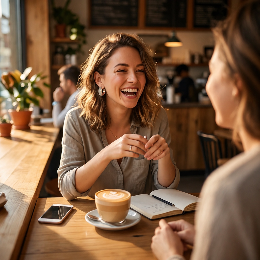 Model wearing gold glitter textured chunky hoop earrings laughing at coffee shop with friend