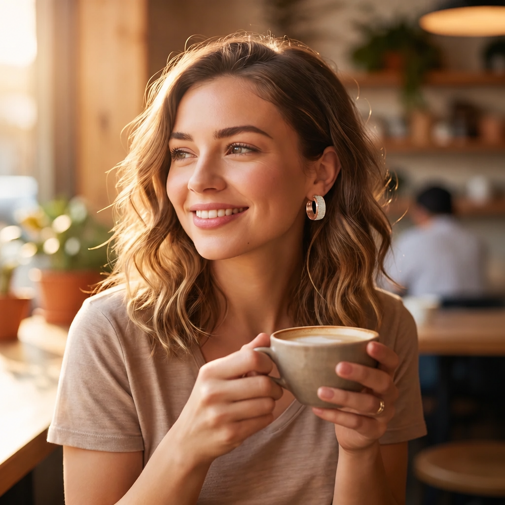 Model wearing gold glitter textured chunky hoop earring holding coffee cup in warm morning light