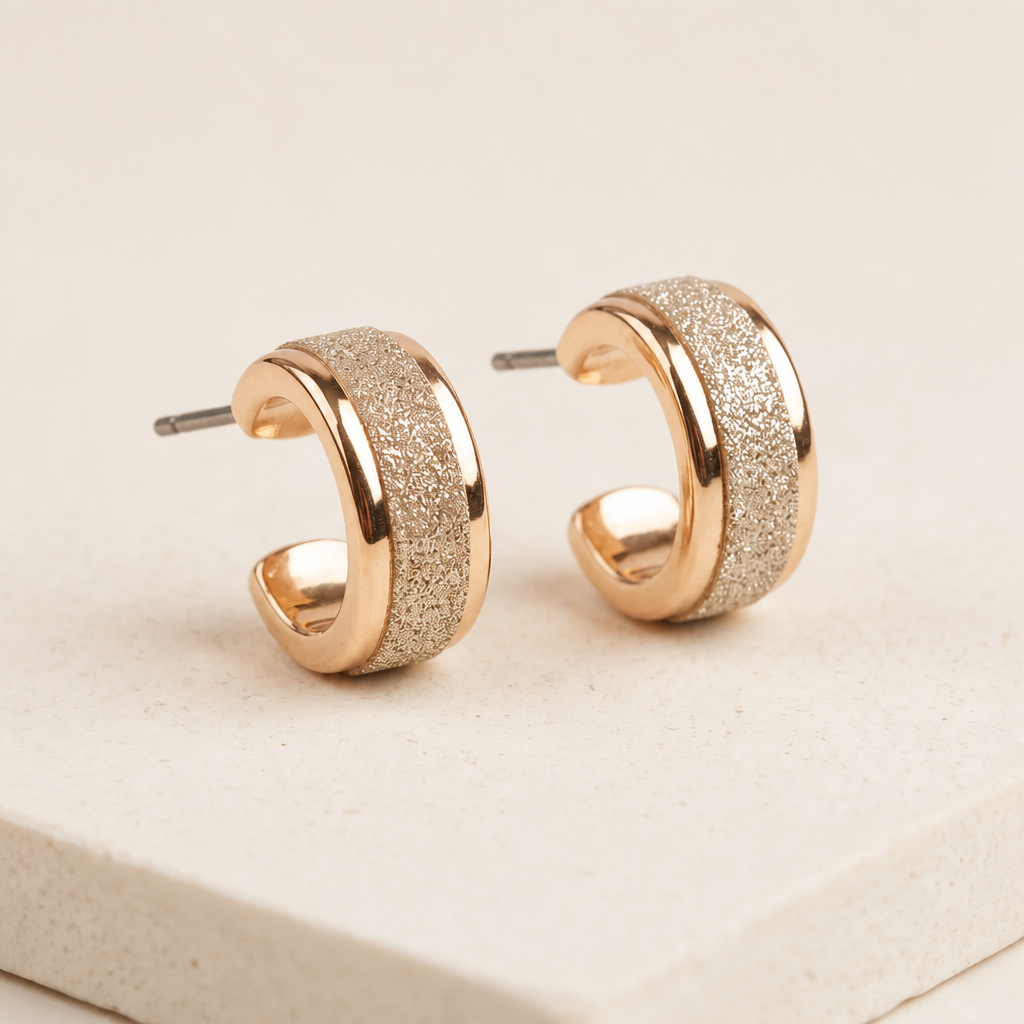 Pair of gold glitter textured chunky hoop earrings on cream stone surface in natural light