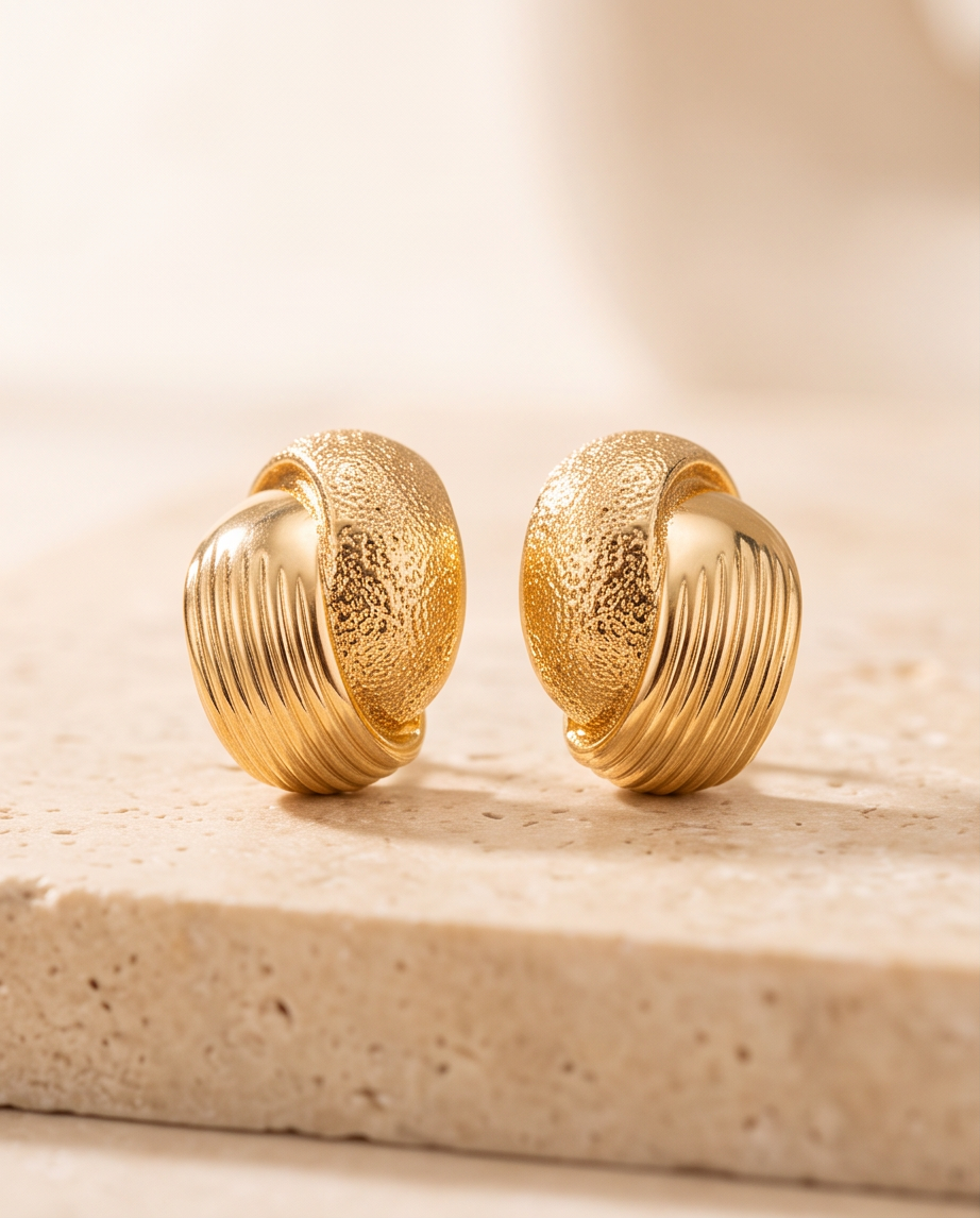 Gold Dual-Texture Chunky Hoop Earrings side by side on stone surface