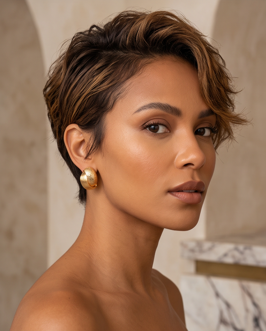 Gold Dual-Texture Chunky Hoop Earrings worn on model