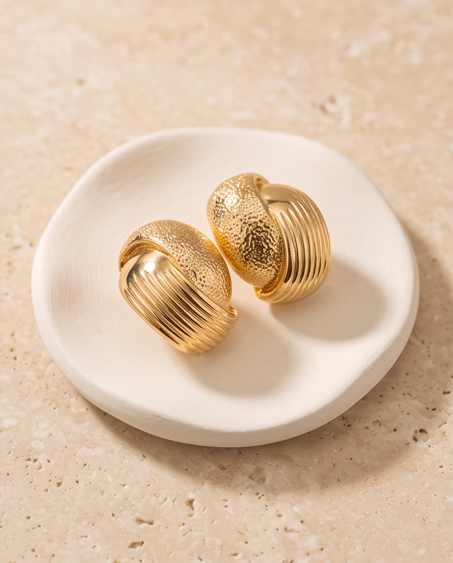 Gold Dual-Texture Chunky Hoop Earrings on white ceramic dish