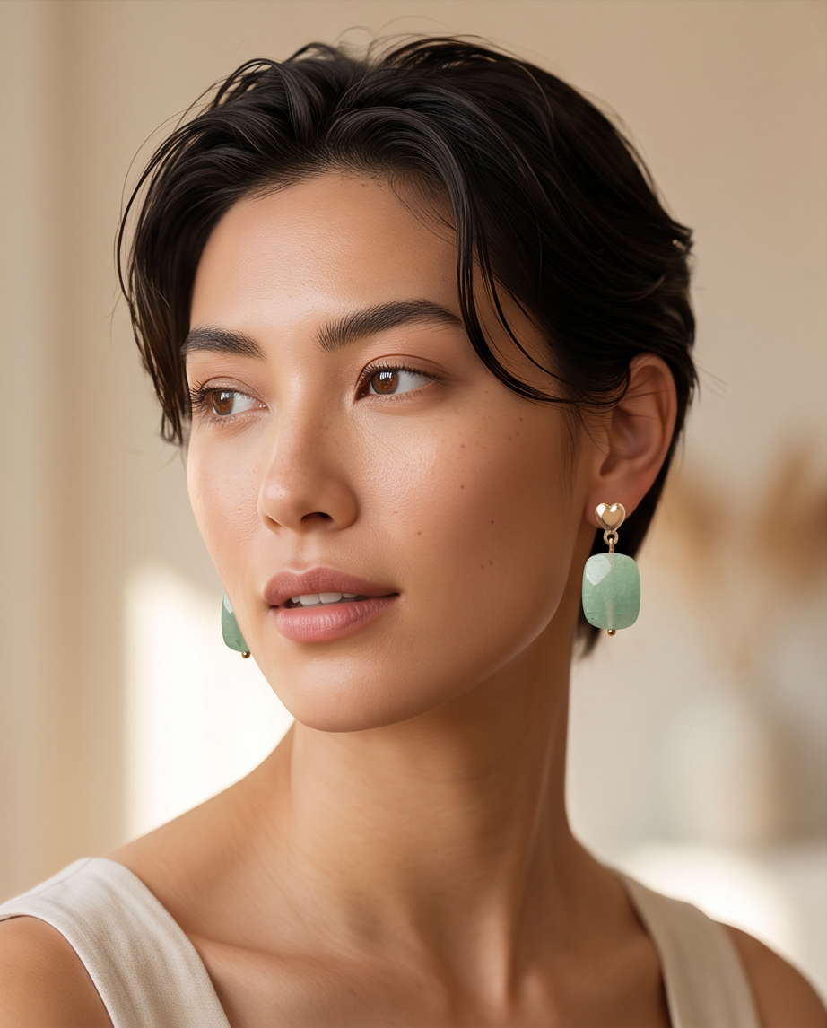 Gold Heart Stud & Green Stone Drop Earrings worn on model