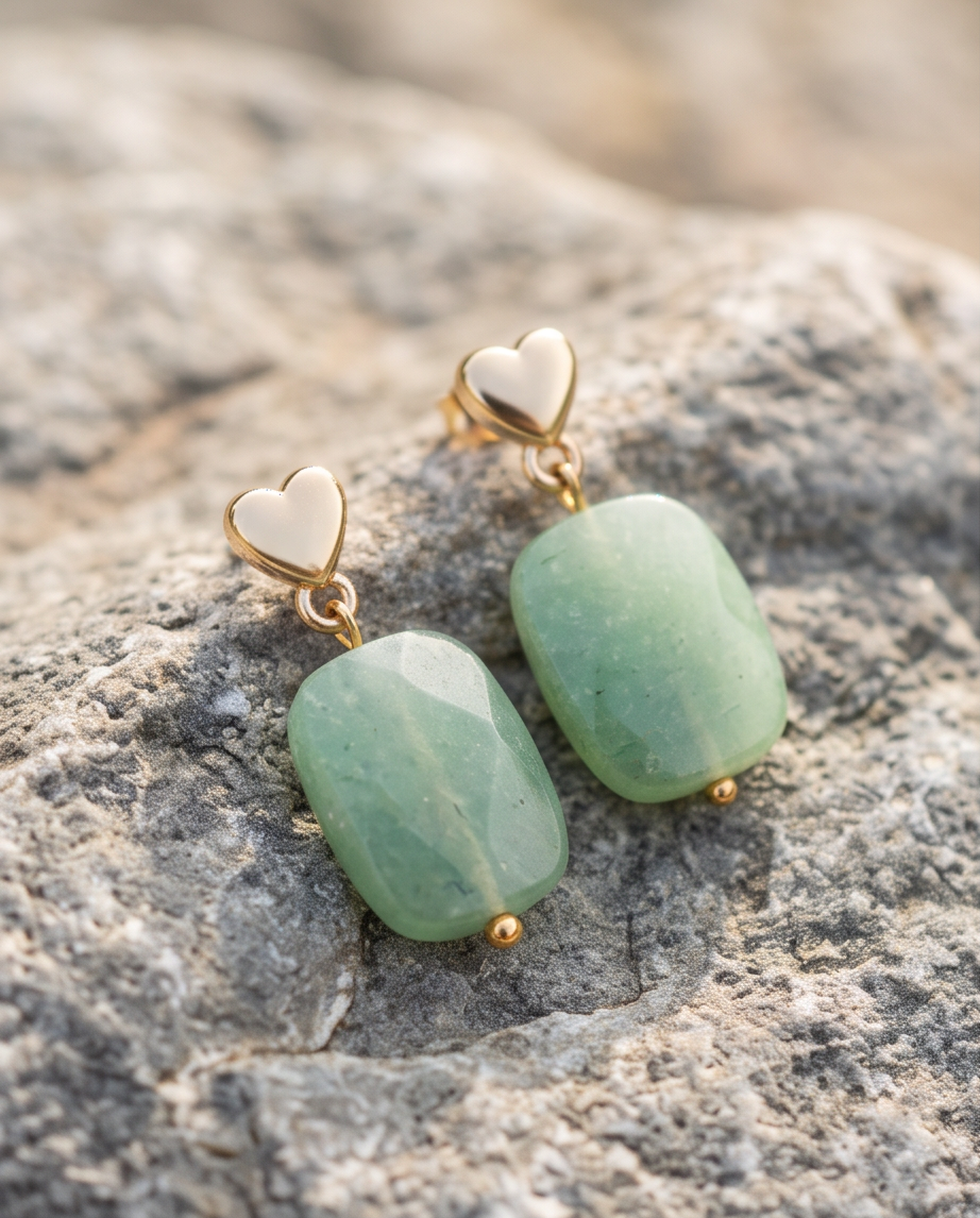Gold Heart Stud & Green Stone Drop Earrings on granite rock