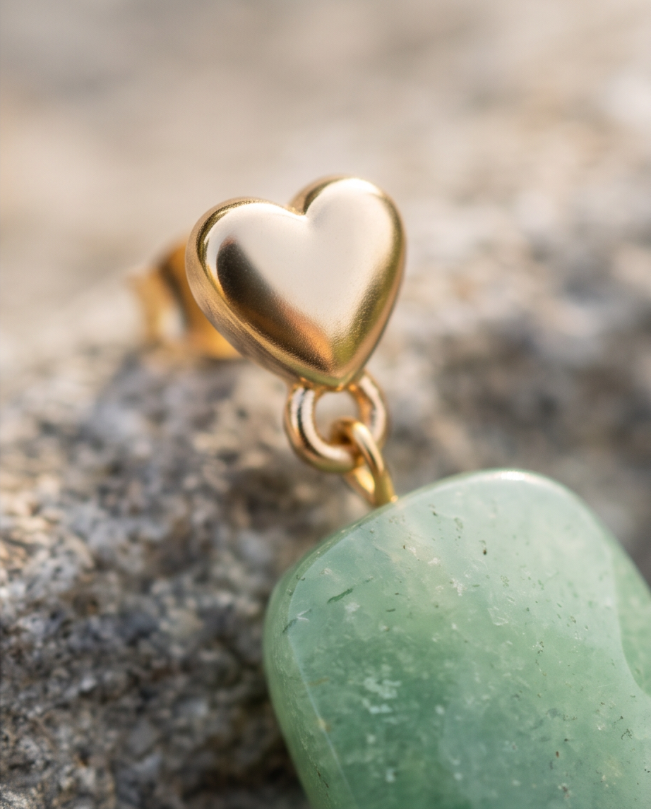 Gold Heart Stud & Green Stone Drop Earrings close-up of gold heart stud