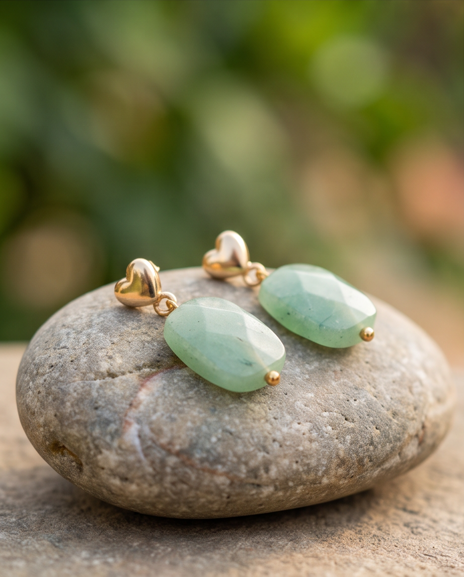 Gold Heart Stud & Green Stone Drop Earrings on smooth pebble