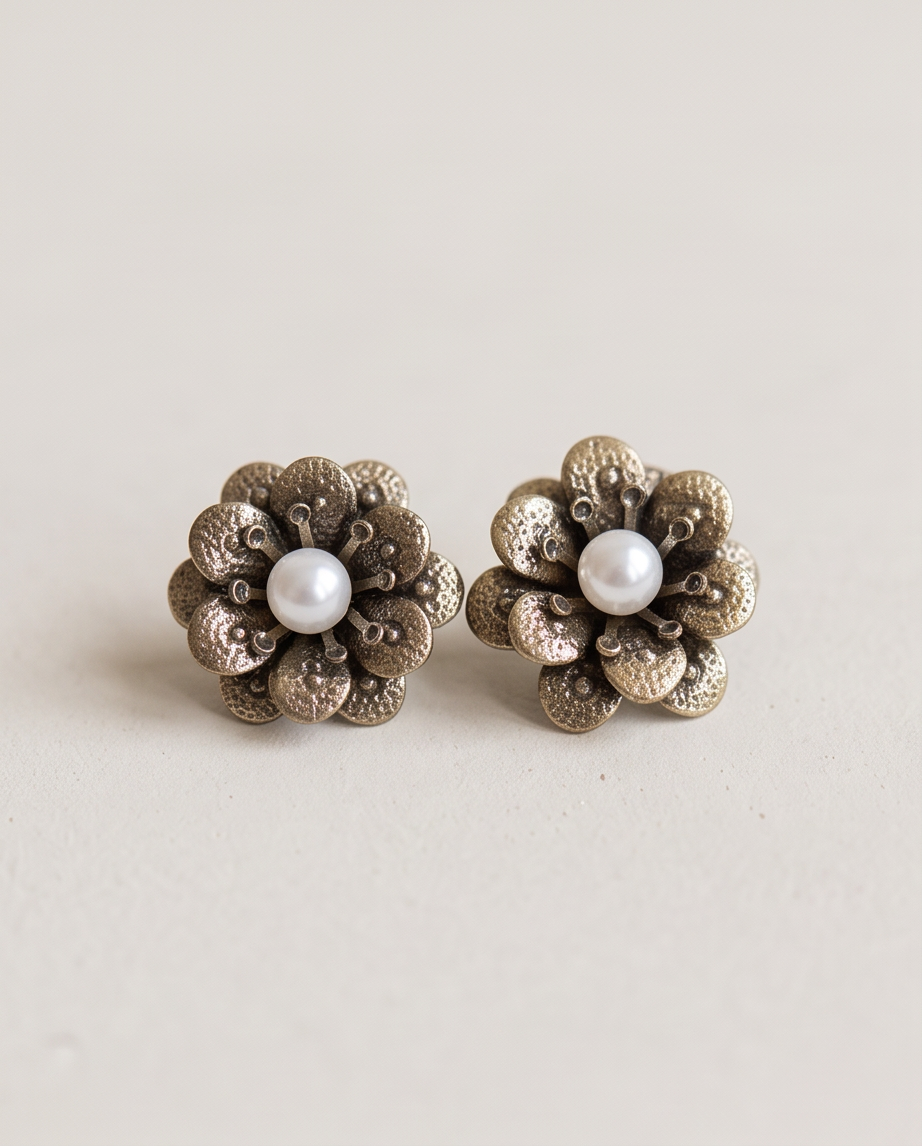 Pair of antique gold textured flower and pearl stud earrings on white surface