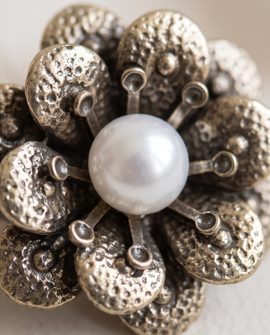 Close up macro shot of antique gold textured flower earring with pearl centre