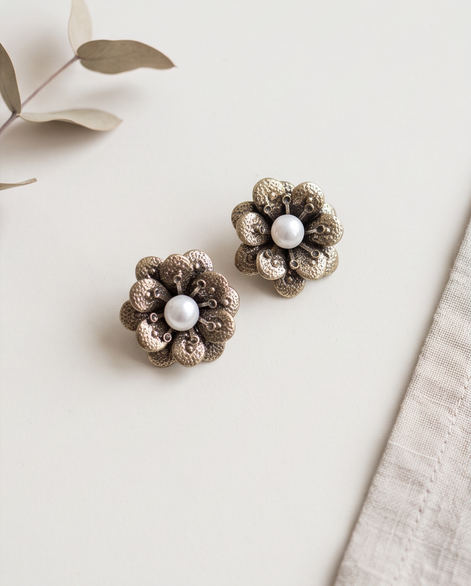 Pair of antique gold flower and pearl stud earrings on white surface with botanicals