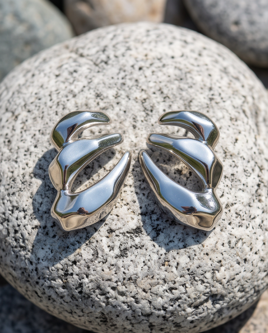 Pair of polished silver tone sculptural abstract stud earrings on granite rock