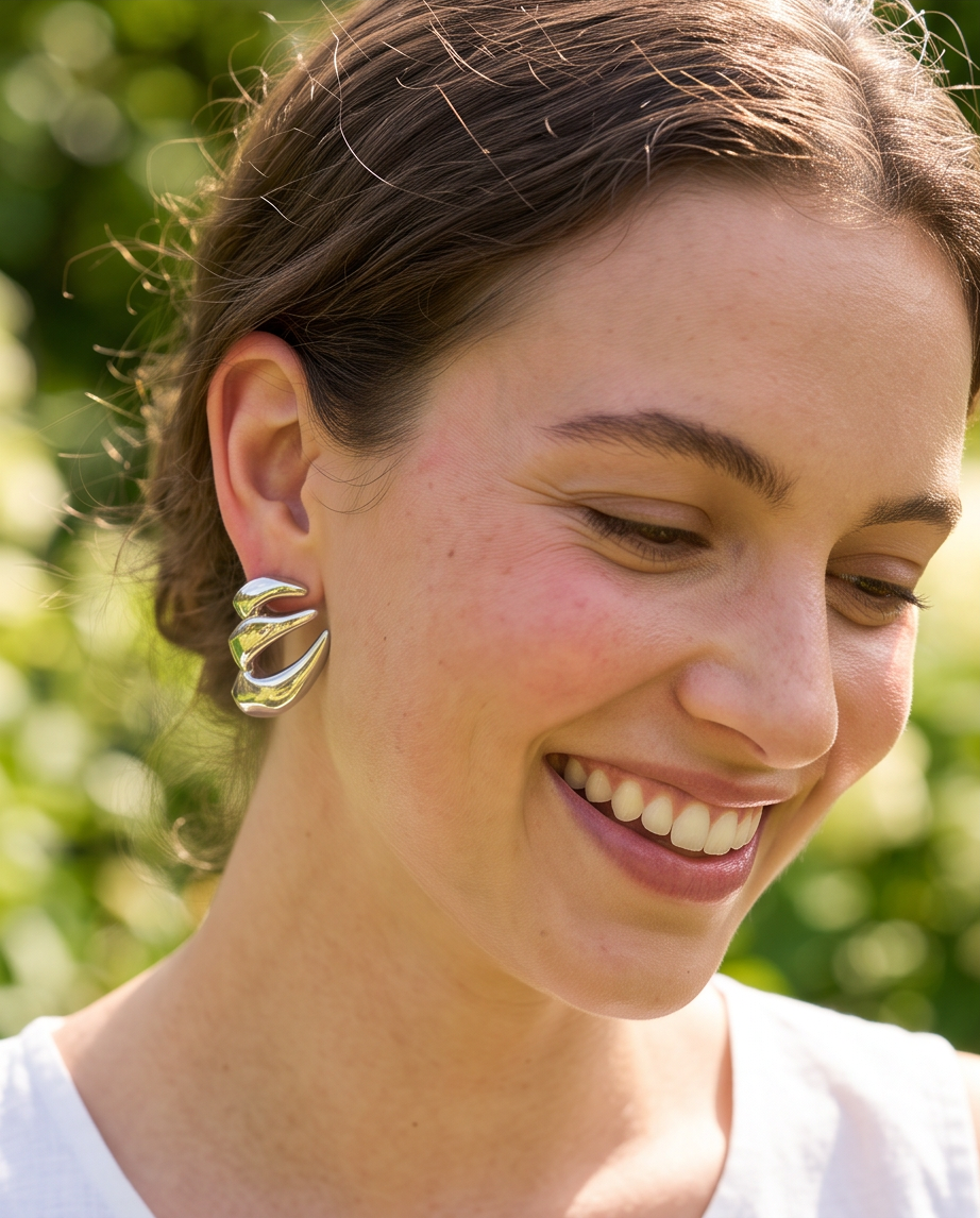 Model smiling wearing silver tone sculptural abstract stud earring close up on ear