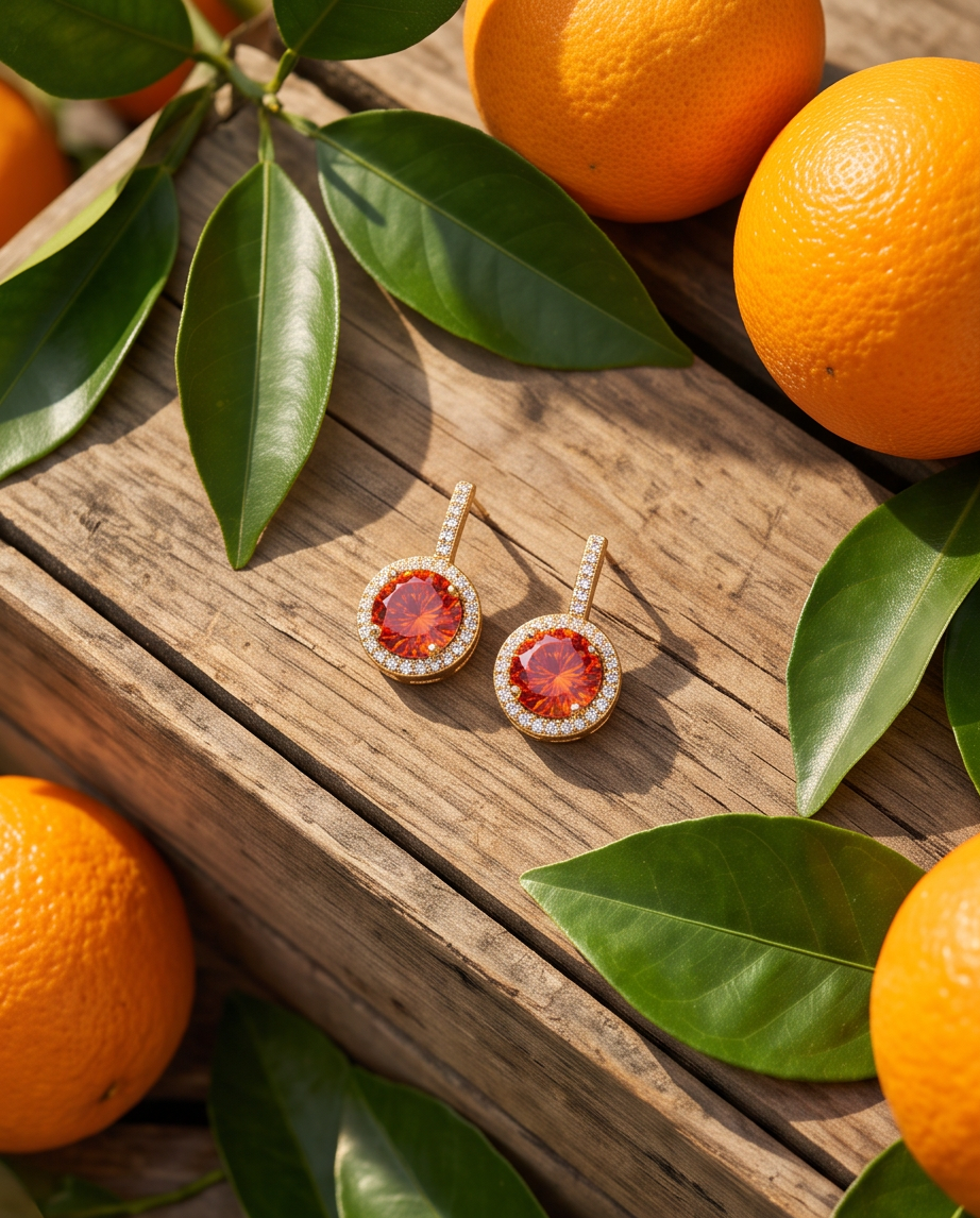 Pair of gold tone orange fire crystal halo drop earrings on rustic wood with oranges and leaves
