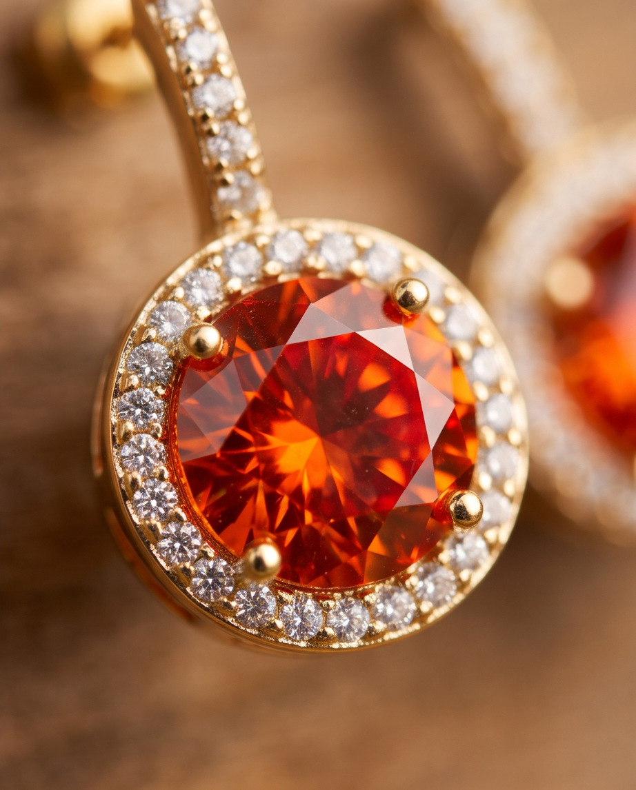 Model wearing gold tone orange fire crystal halo drop earrings in orange grove sunlight