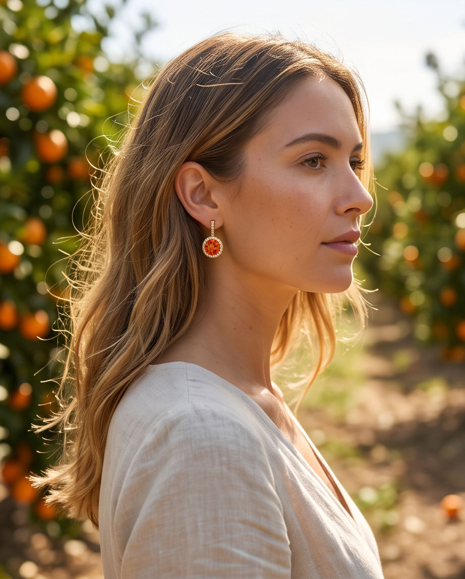 Macro close up of gold tone orange fire crystal halo drop earring showing pavé bar and faceted stone detail