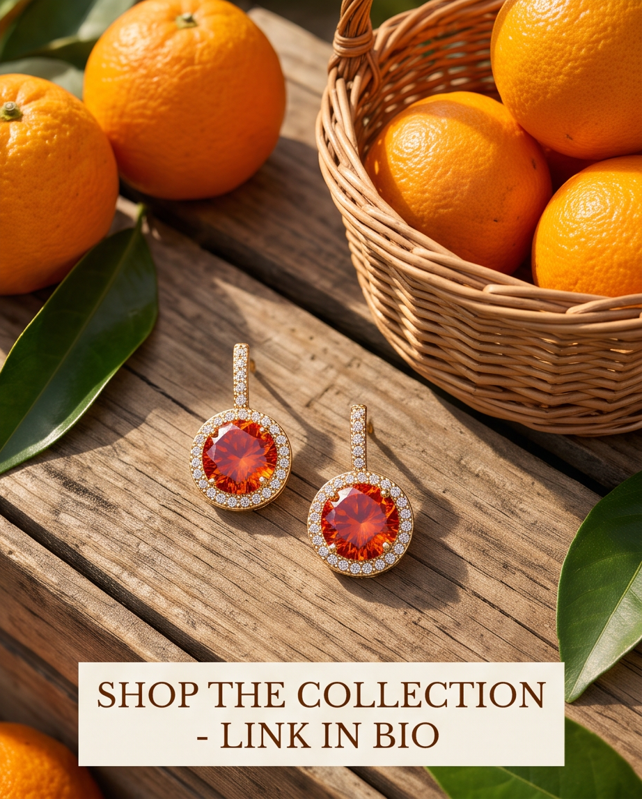 Gold tone orange crystal halo drop earrings on wood with orange fruit basket and leaves