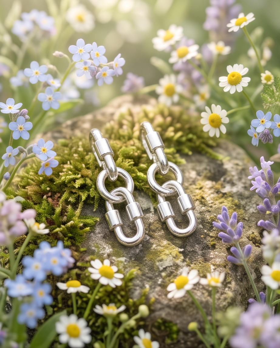 Pair of silver tone chunky chain link drop earrings on moss covered rock surrounded by wildflowers
