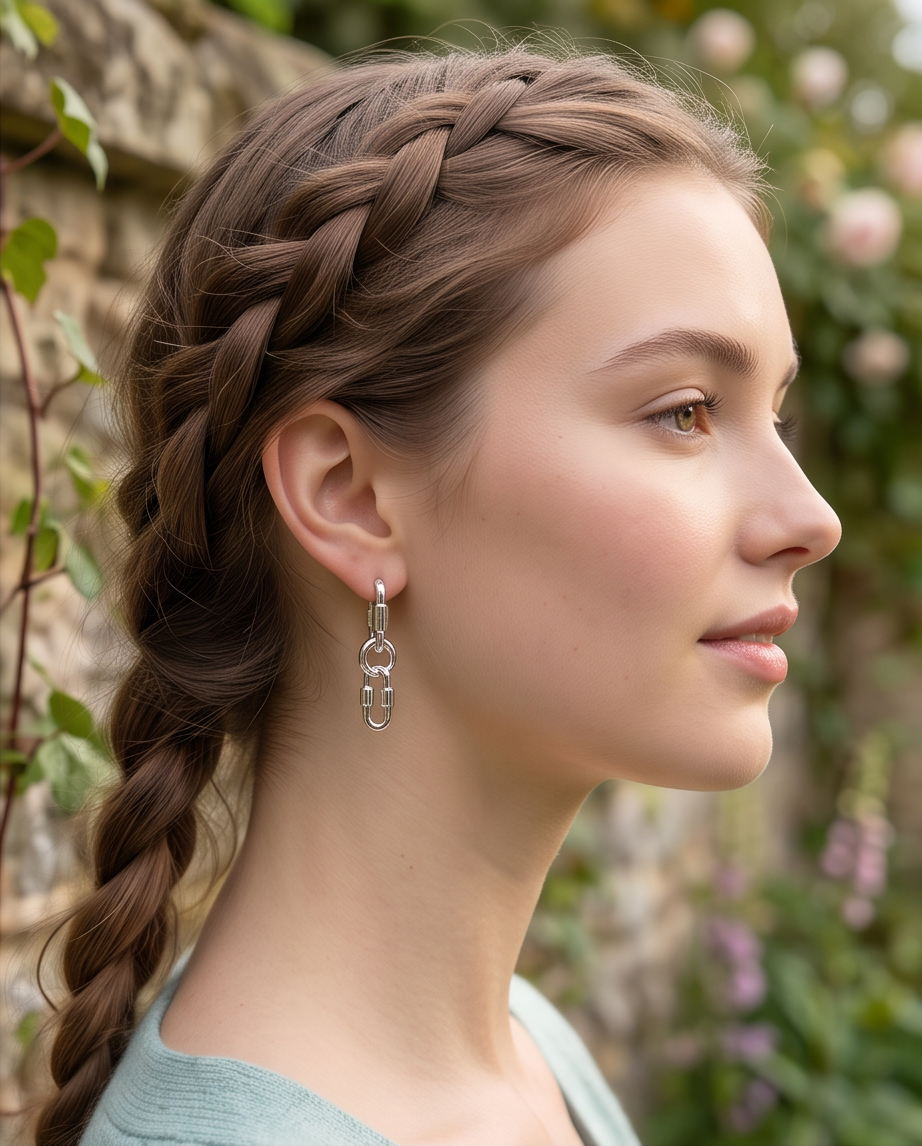Model with braided hair wearing silver tone chunky chain link drop earring in English cottage garden