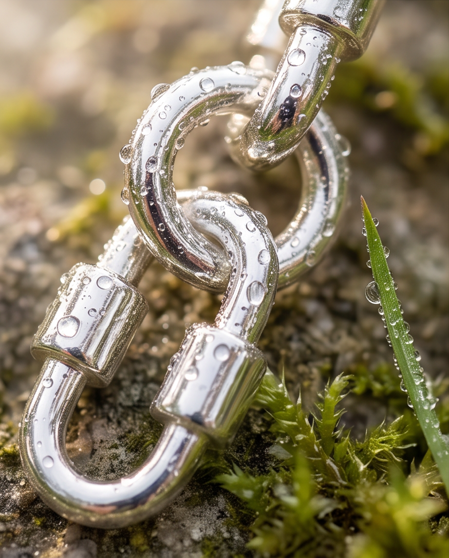 Macro close up of silver tone chunky chain link drop earring with water droplets on stone and moss