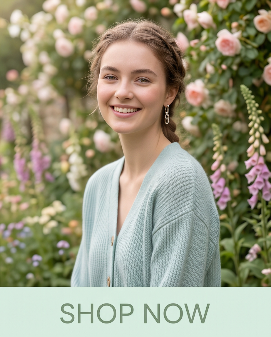 Model smiling in English garden wearing silver tone chunky chain link drop earrings with sage cardigan
