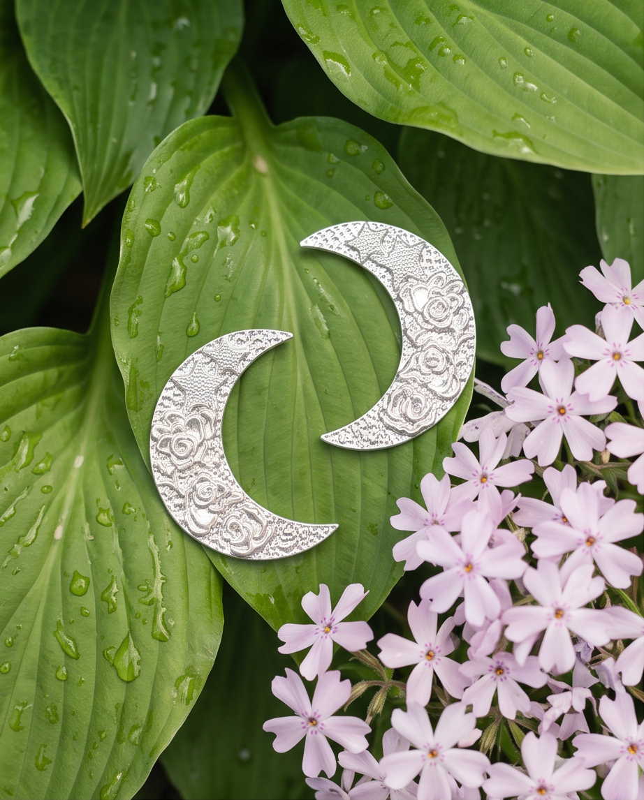 Pair of silver tone embossed floral crescent moon stud earrings on green hosta leaf with pink wildflowers