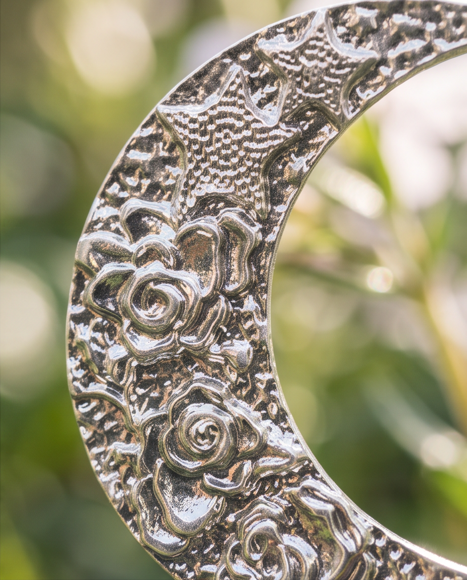 Macro close up of silver tone embossed floral crescent moon earring showing rose detail against green foliage