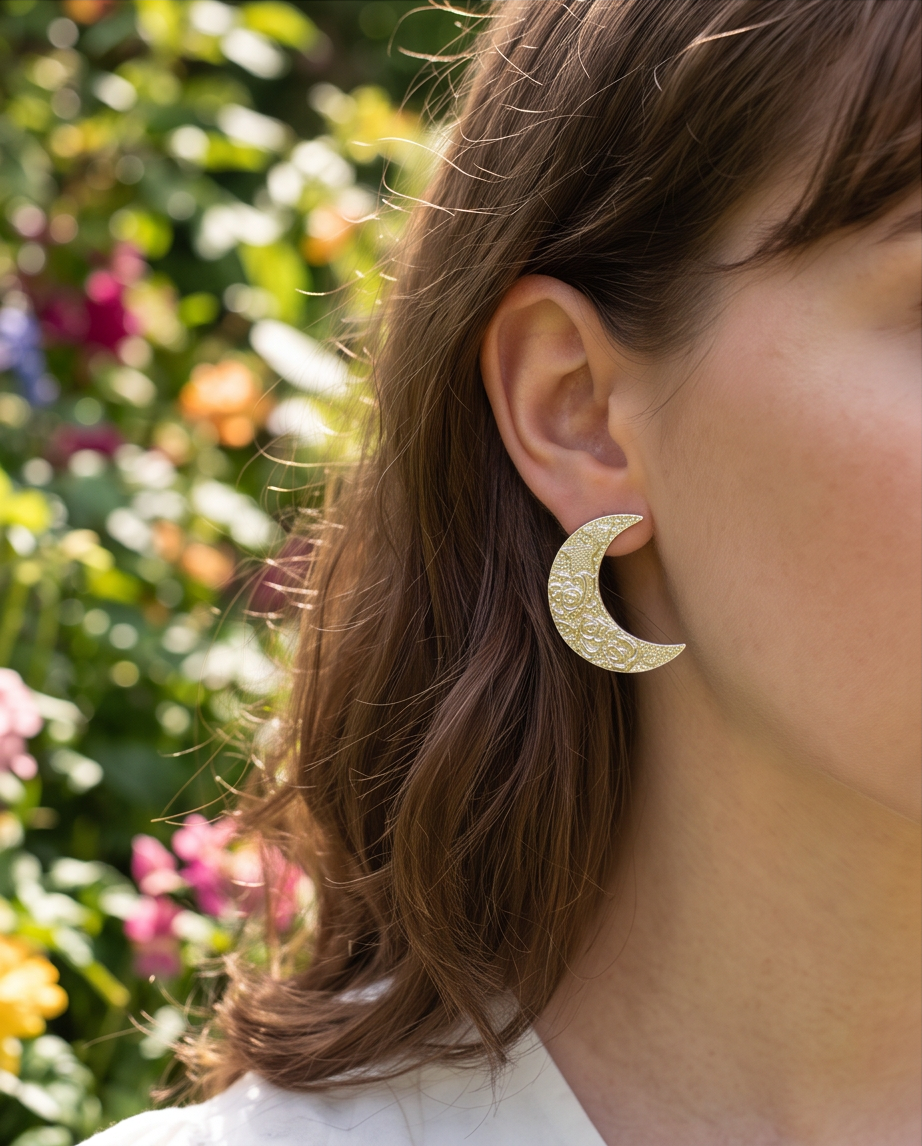 Model wearing gold tone embossed floral crescent moon stud earring in English rose garden sunshine
