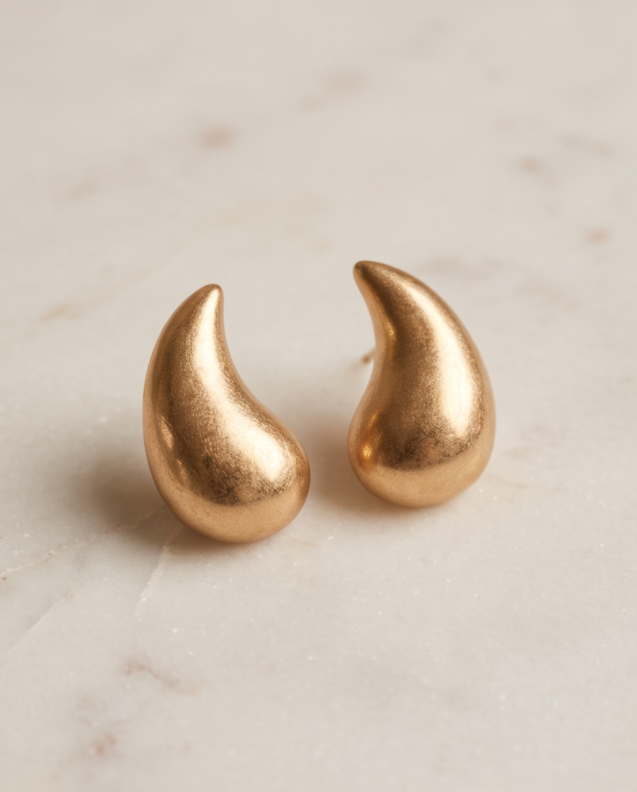 Model wearing gold tone brushed chunky teardrop stud earring with dried pampas grass in warm neutral setting