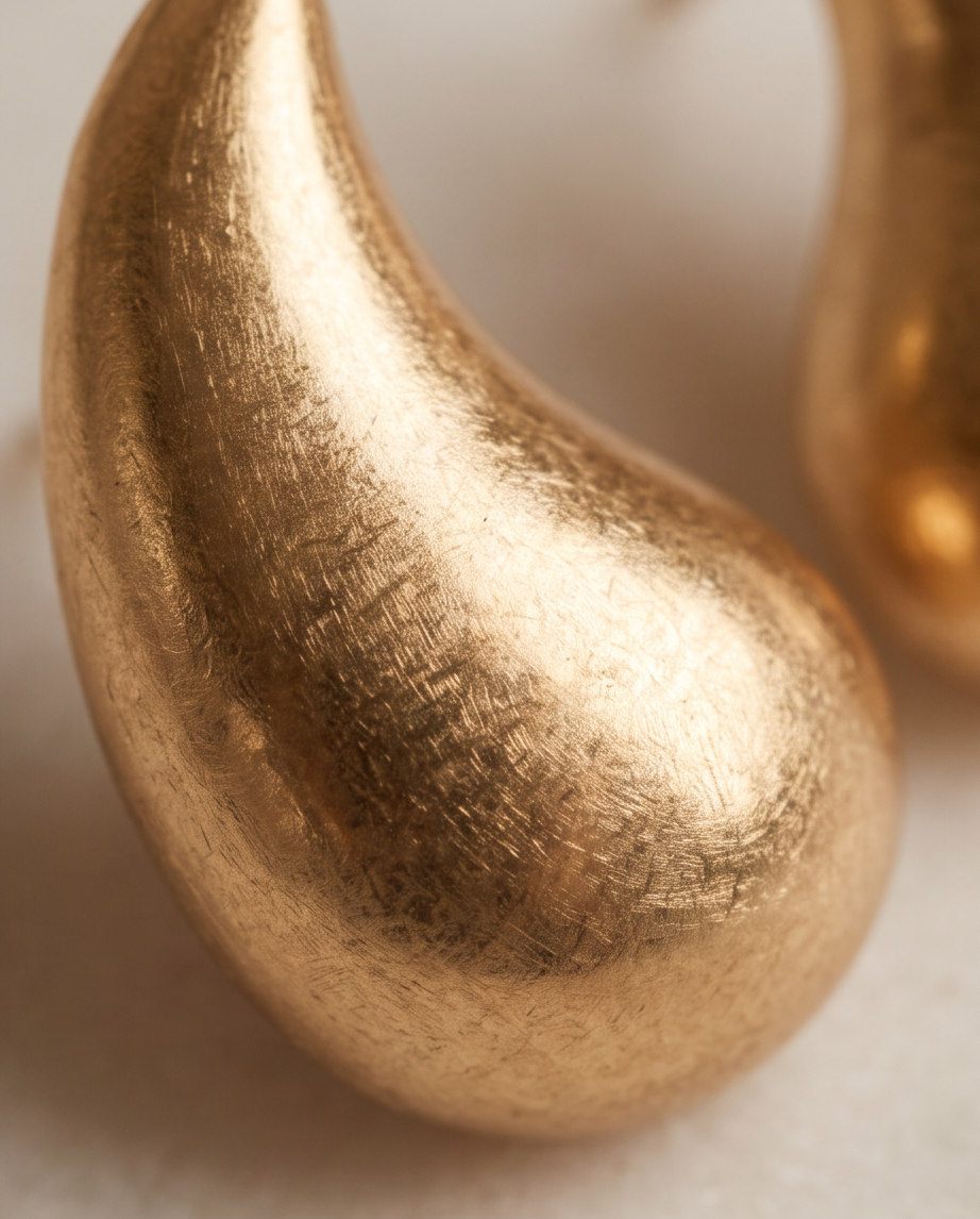 Macro close up of gold tone brushed chunky teardrop stud earring showing brushed satin texture on white marble