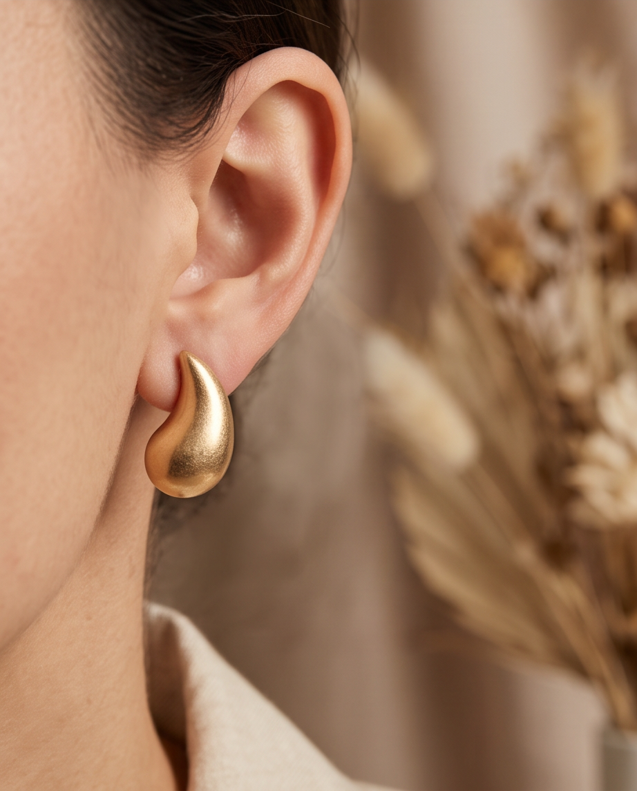 Pair of gold tone brushed chunky teardrop stud earrings on white marble surface showing curved sculptural silhouette