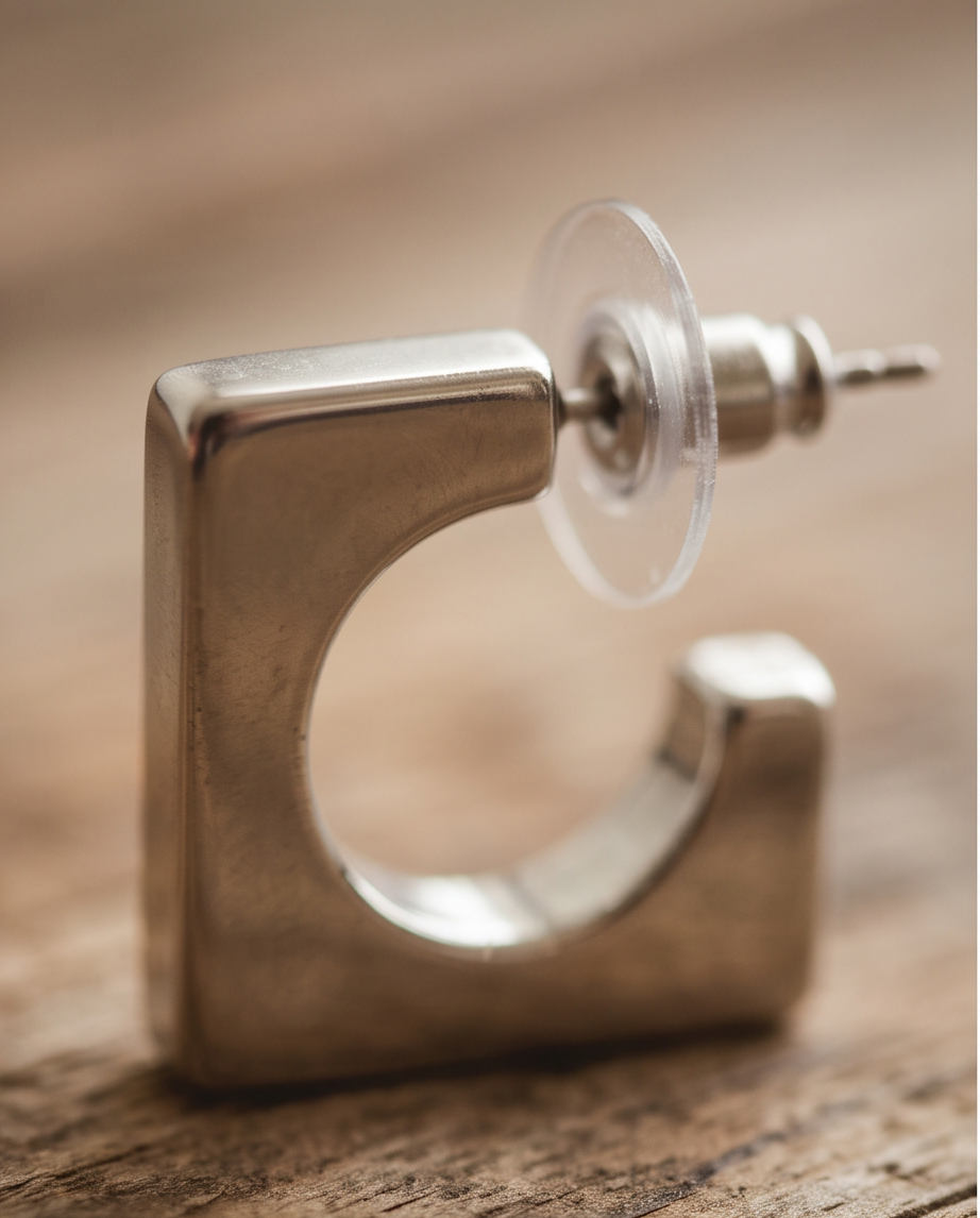 Pair of silver tone polished square open hoop stud earrings on rustic weathered wood showing stud fastening detail