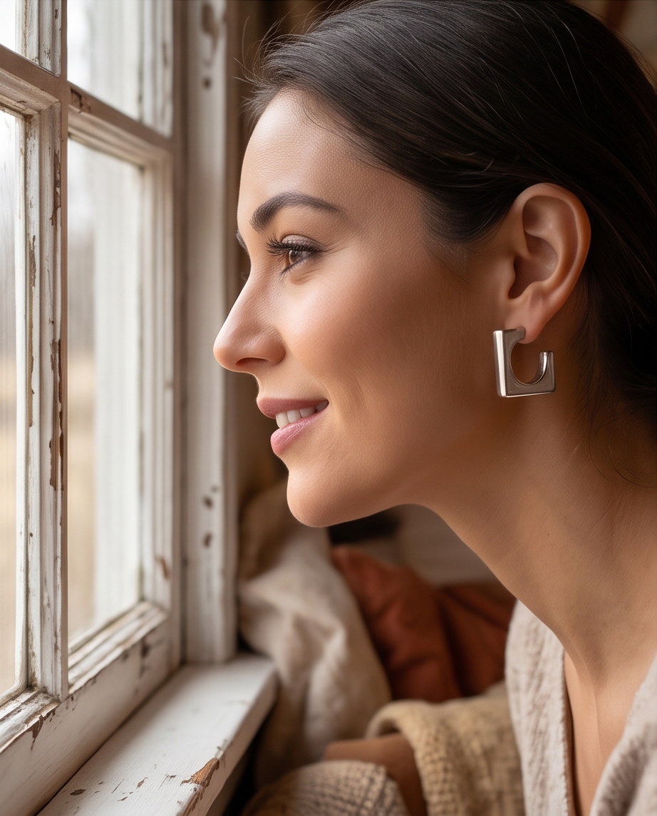 Macro close up of single silver tone polished square open hoop stud earring on wood showing curved inner edge and butterfly back