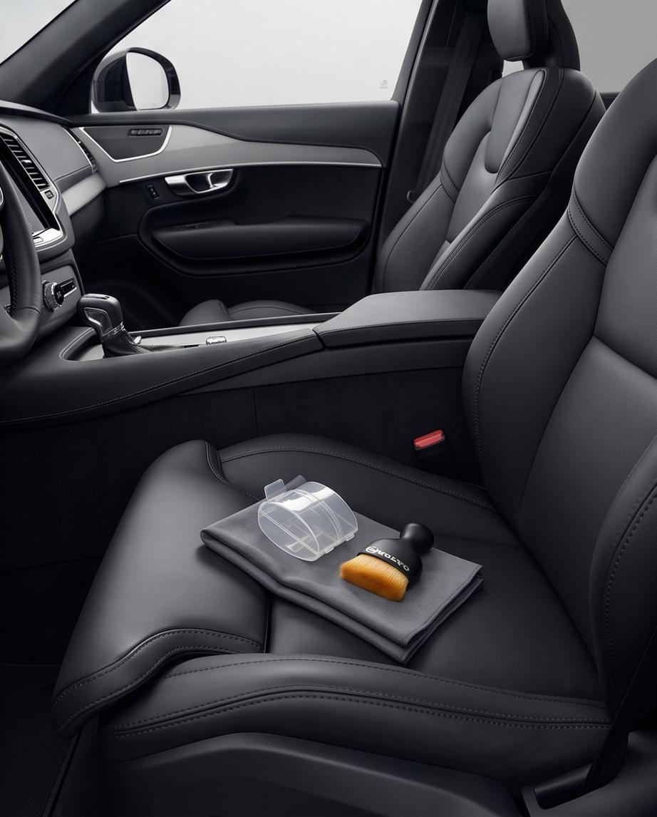 Volvo Car Dashboard Cleaning Set — flat lay with microfibre cloth and brush