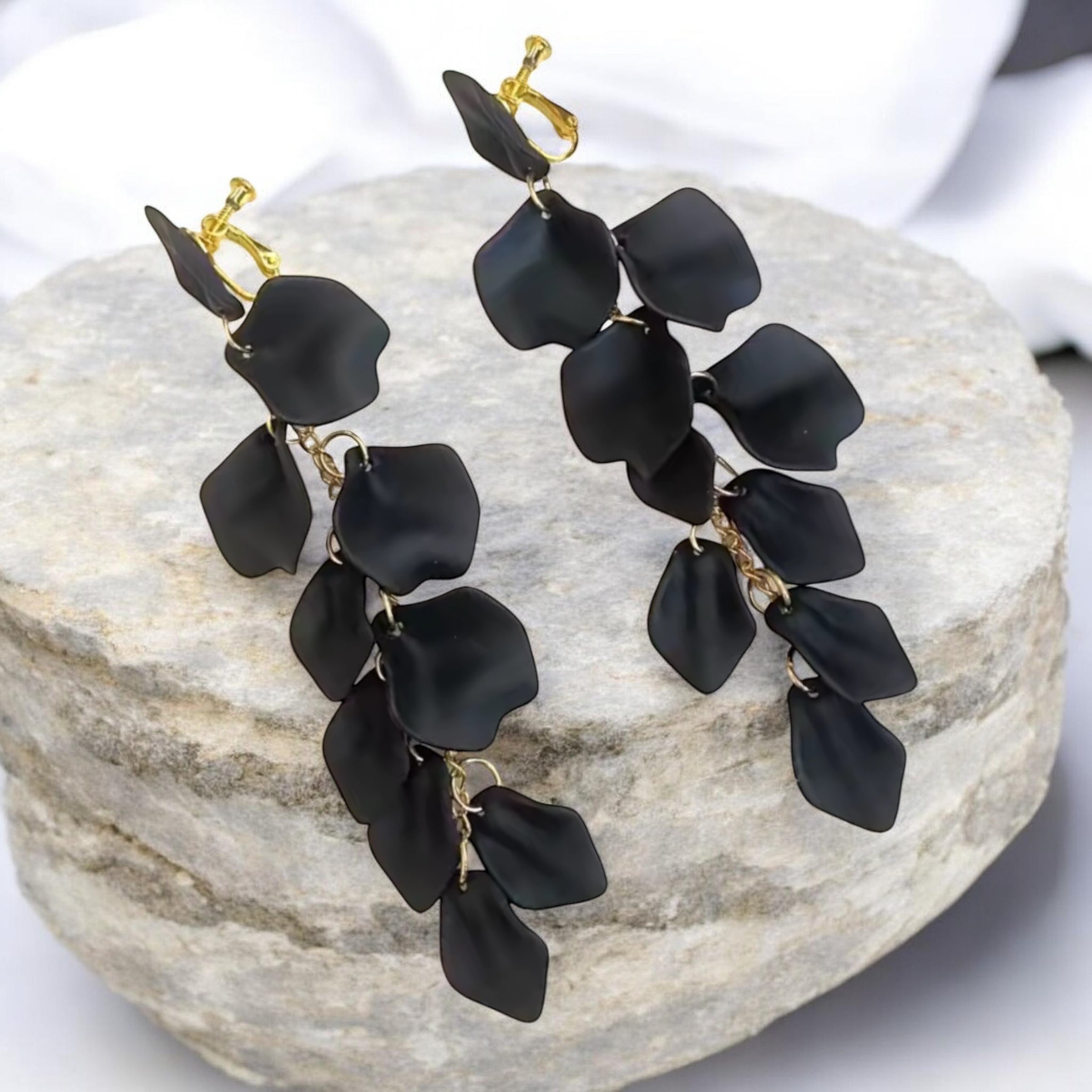 Black Matte Petal Cluster Clip-On Drop Earrings