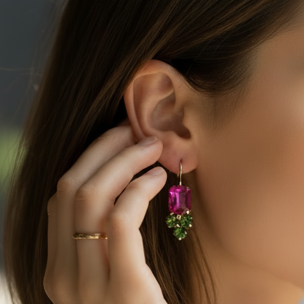 Pink & Green Crystal Gem Drop Earrings