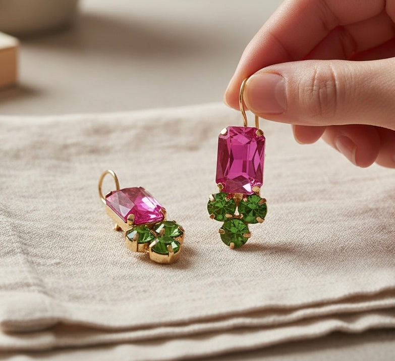 Pink & Green Crystal Gem Drop Earrings