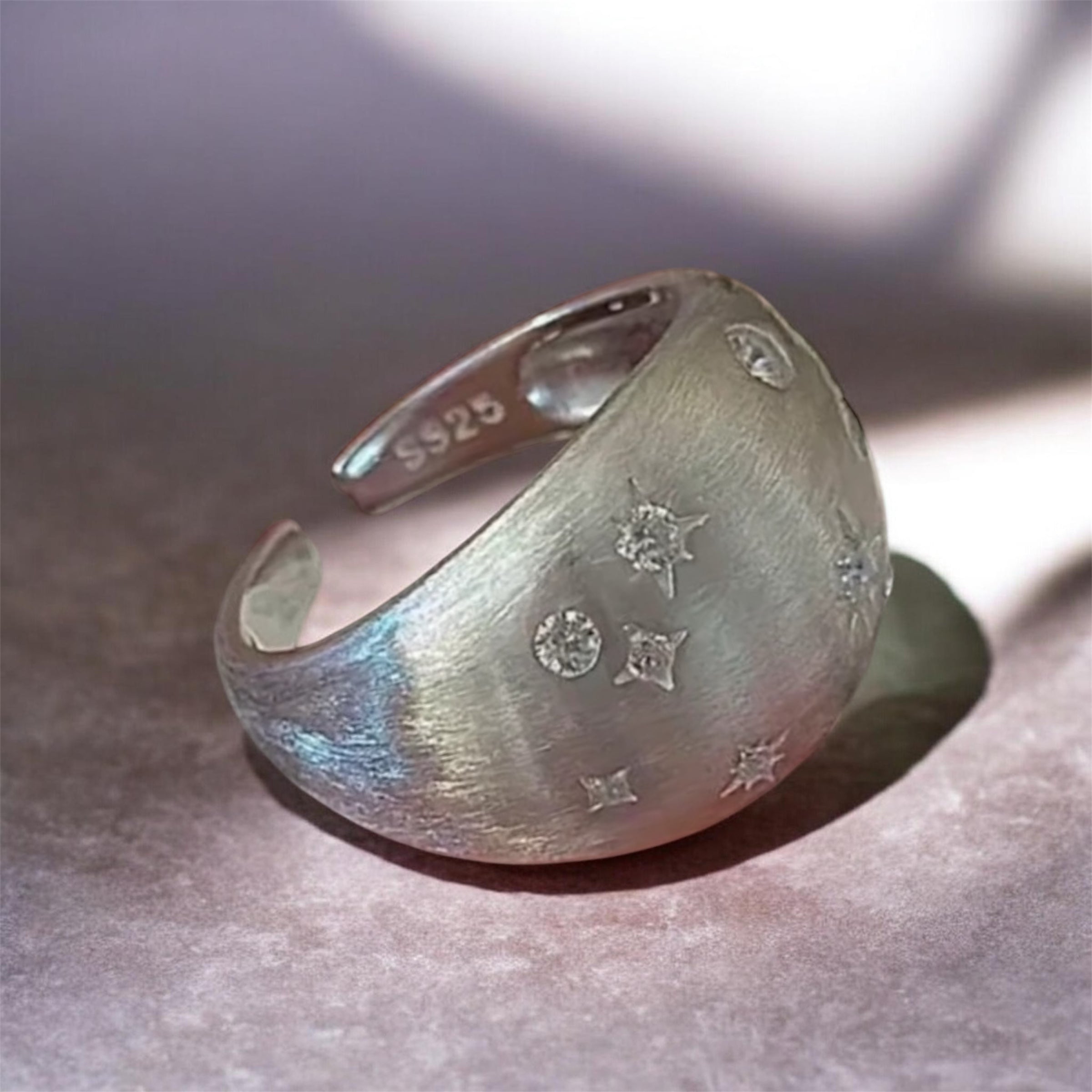 Silver Brushed Dome Crystal Star Adjustable Ring