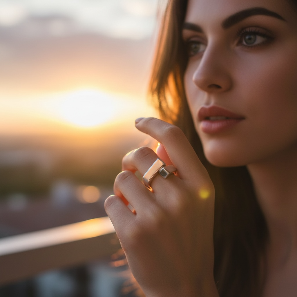 Woman with a ring on her finger against a sunset background
