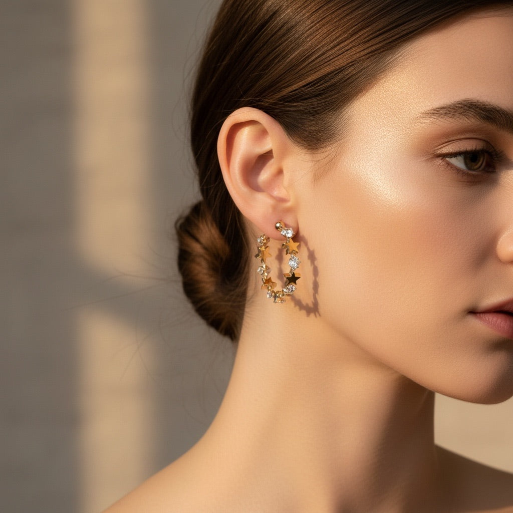 Close-up of a woman wearing hoop earrings with a neutral background