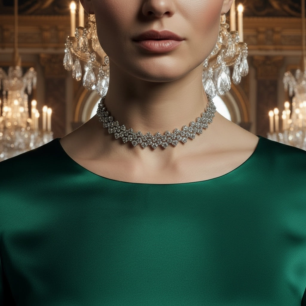 Silver Crystal Mesh Choker Necklace