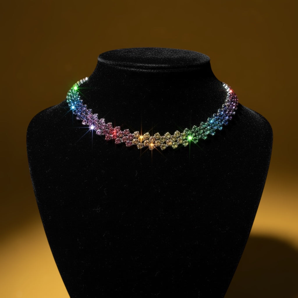 Rainbow Crystal Mesh Choker Necklace