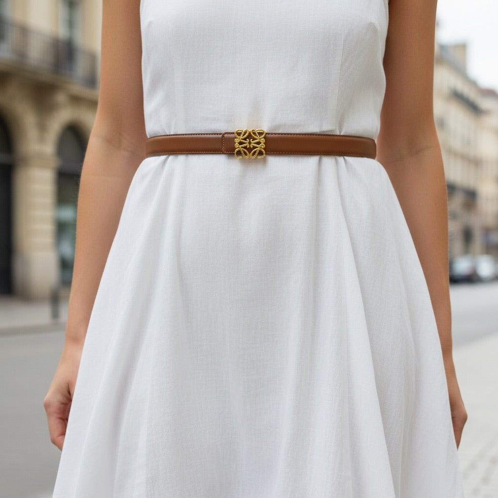 Tan Leather Slim Belt with Gold Ornate Buckle