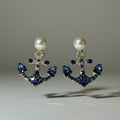 Gold Pearl & Blue Crystal Anchor Drop Earrings
