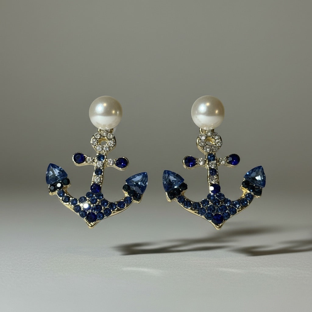 Gold Pearl & Blue Crystal Anchor Drop Earrings