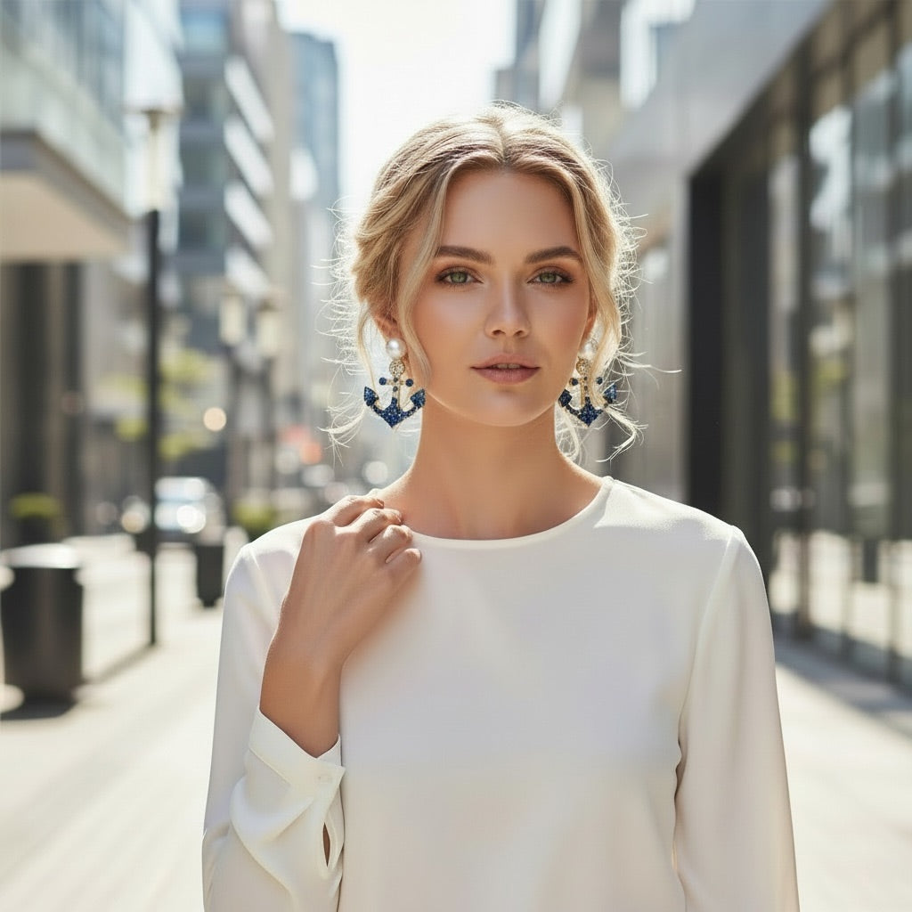 Gold Pearl & Blue Crystal Anchor Drop Earrings