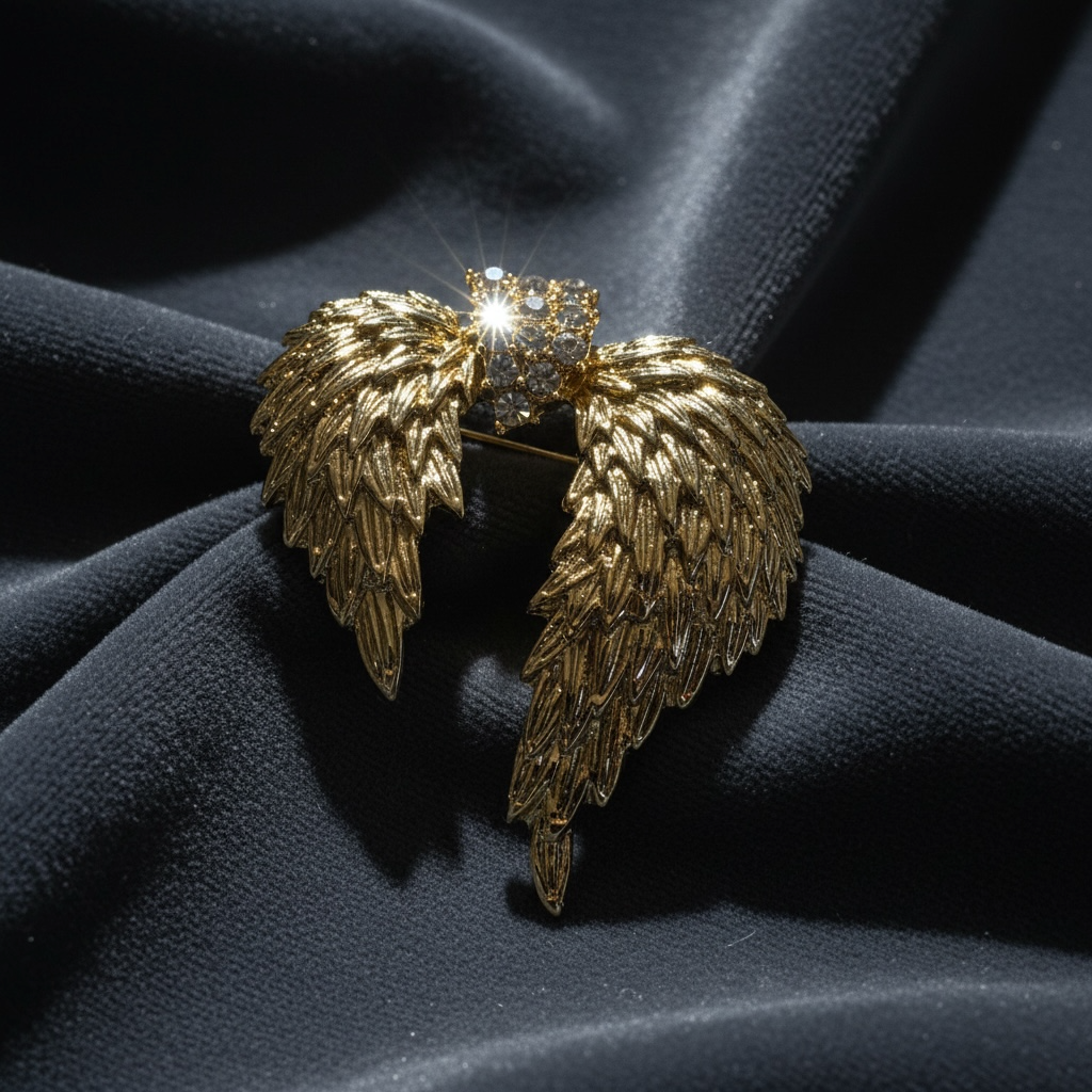 Gold Angel Wing Crystal Heart Brooch