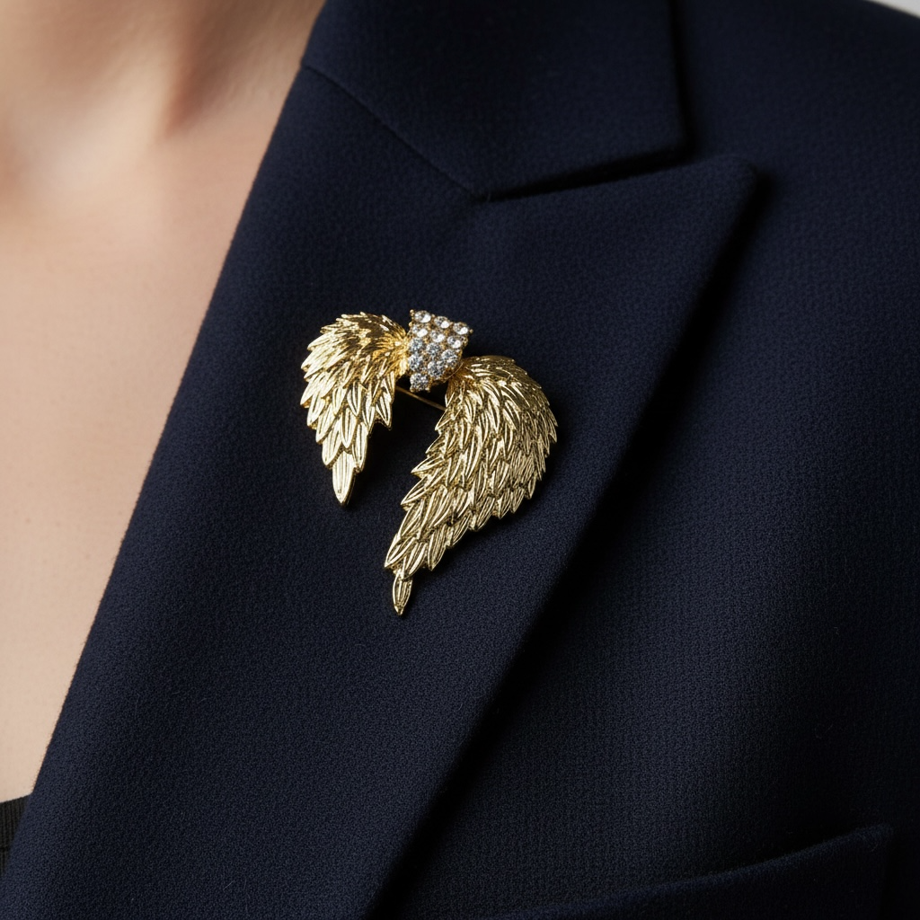Gold Angel Wing Crystal Heart Brooch