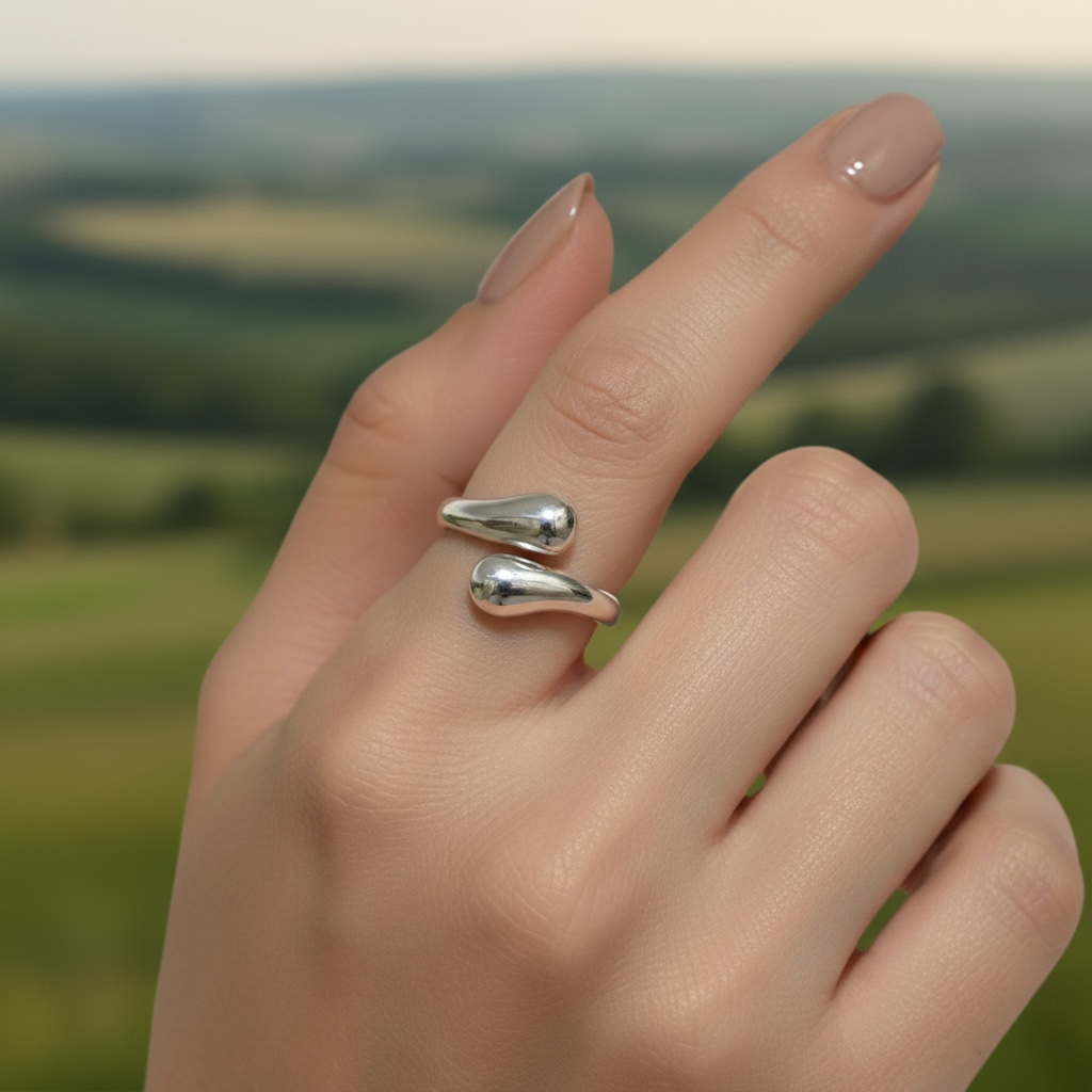 Silver Double Teardrop Wrap Open Ring